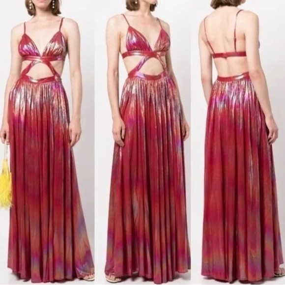 Retrofete NEW Jett Dress Rainbow Orange Ombre Red Metallic Cut Out Maxi M $675.0 - Picture 4 of 16